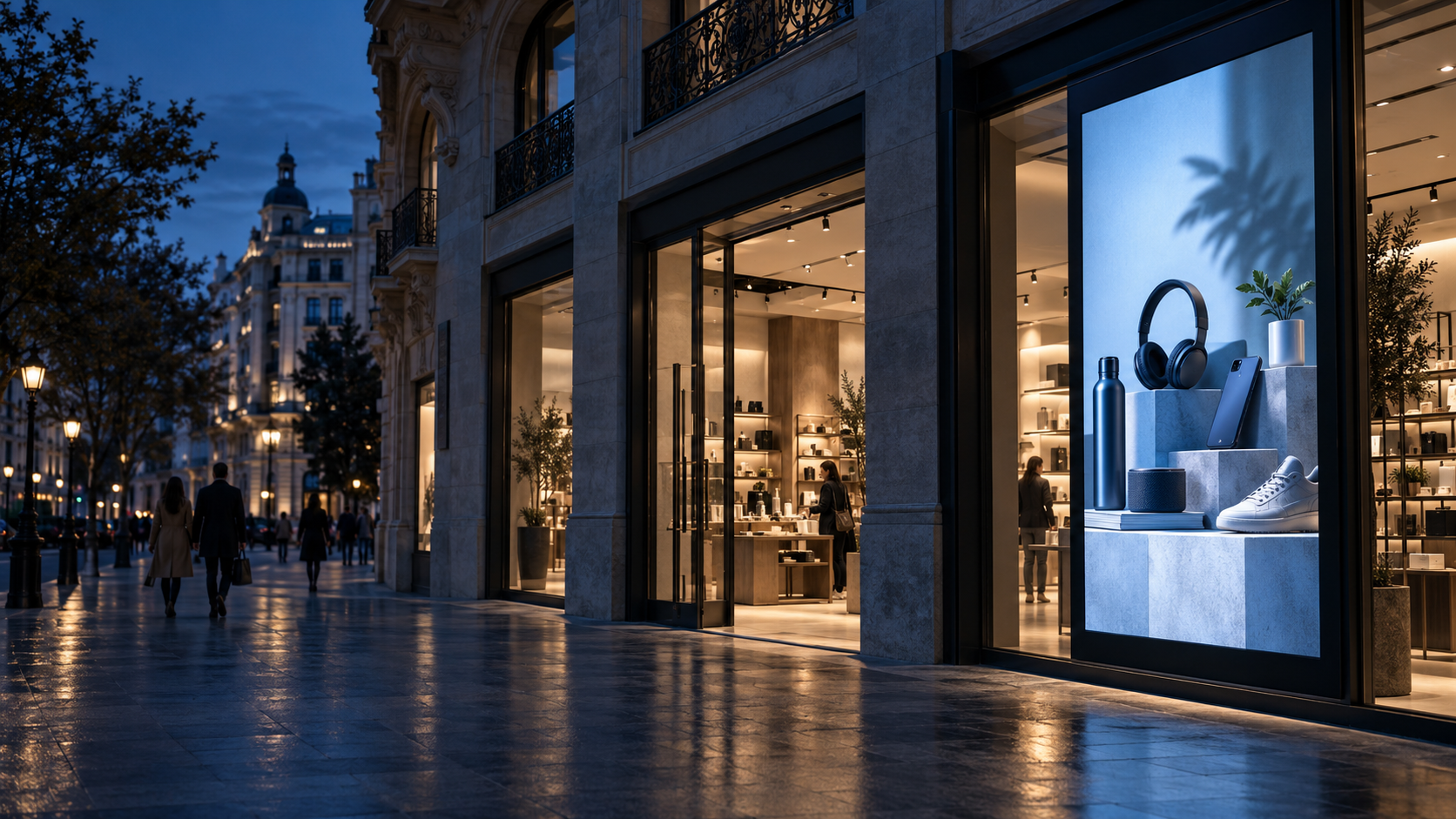 Concepto de publicidad en pantalla en un comercio europeo